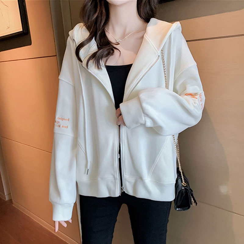 Áo Khoác Hoodie Khóa Kéo Thêu Chữ Thời Trang Cho Nữ