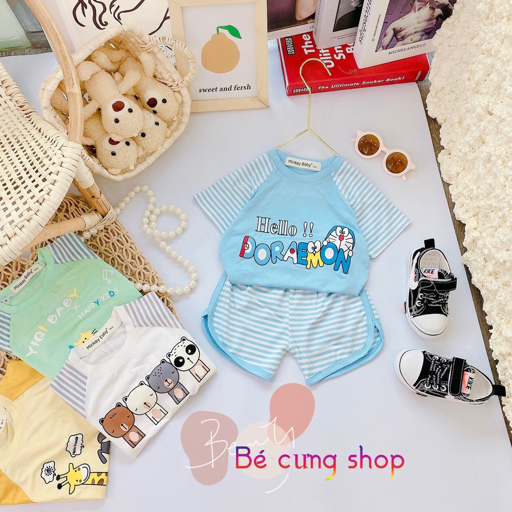 Bộ cộc tay cho bé trai bé gái, Bộ cộc tay Minky mom chính hãng thun lạnh họa tiết hình cho bé từ 7 - 20kg