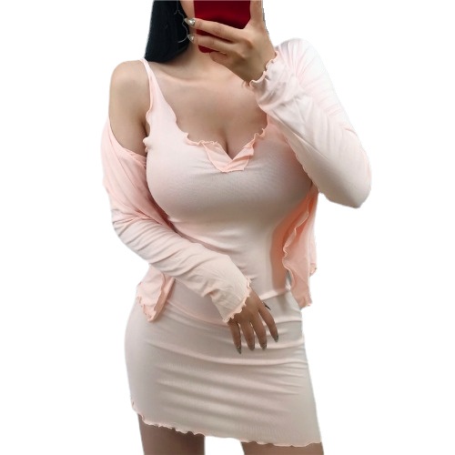 Set Đầm Hai Dây Và Áo Khoác Cardigan Mỏng Thời Trang Gợi Cảm Thanh Lịch Cho Nữ