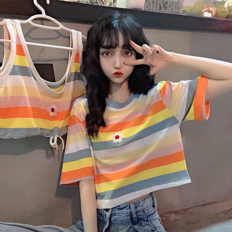 Áo Croptop Ngắn Tay Dáng Rộng Kẻ Sọc Màu Cầu Vồng Thời Trang Mùa Hè 2021 Cho Nữ