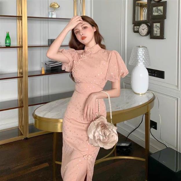 VIP //SỈ BẰNG LẺ //đầm sườn xám váy cách tân xẻ ôm body dự tiệc hồng sữa nude hai lớp xinh đẹp nữ tính trung hoa