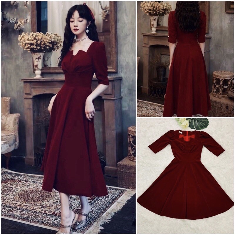 [Mã 11FASHIONSALE1 giảm 10k đơn 50k] VÁY NHUNG ĐỎ ĐÔ DÁNG XOÈ DÀI 106cm ( video quay- ảnh thật trải thảm)