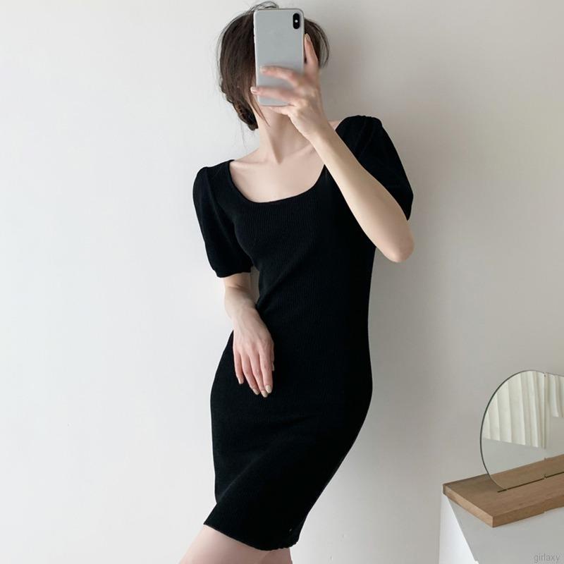 Đầm Dệt Kim Tay Phồng Cổ Chữ U Màu Sắc Đơn Giản Phong Cách Hàn Quốc Cho Nữ