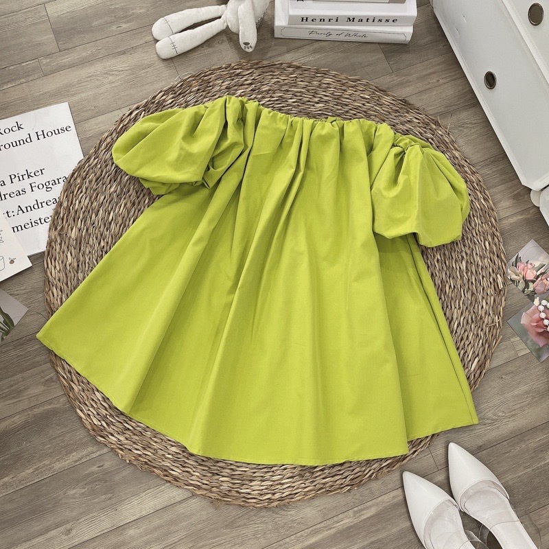 Áo trễ vai tay bồng lỡ- đầm babydoll  giấu quần hở vai màu XANH CỐM chất thô mềm phong cách ulzzang . MET SHOP