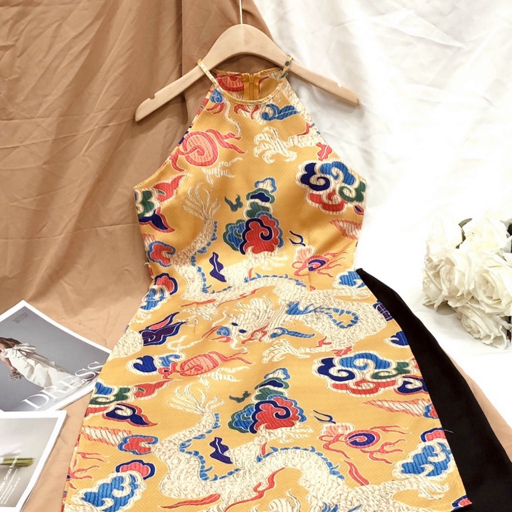 SPK- Set áo yếm, bộ áo yếm rồng phượng cao cấp màu đỏ vàng SKUD-57