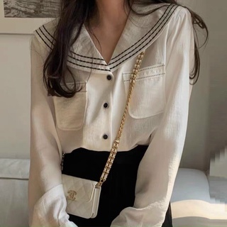 Áo sơ mi cổ viền Hàn Quốc siêu đẹp, Áo sơ mi cổ thủy thủ thêu viền tiểu thư style Hàn Quốc
