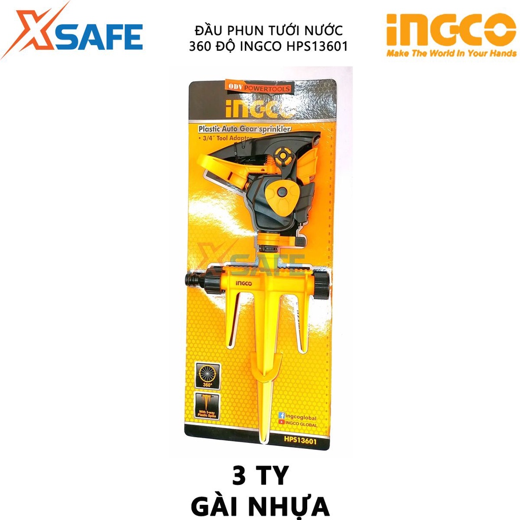 Đầu phun tưới nước 360 độ INGCO HPS13601 -  Chất liệu: ABS + PP, bộ khớp nối 3/4&quot;, 3 ty gài nhựa, có thể xoay 360 °