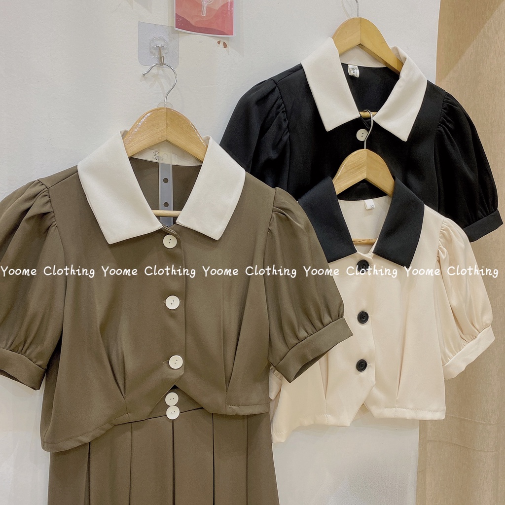 Set áo chân váy xếp ly dài áo croptop chân váy ly phối khuy lưng chun co giãn yoome clothing