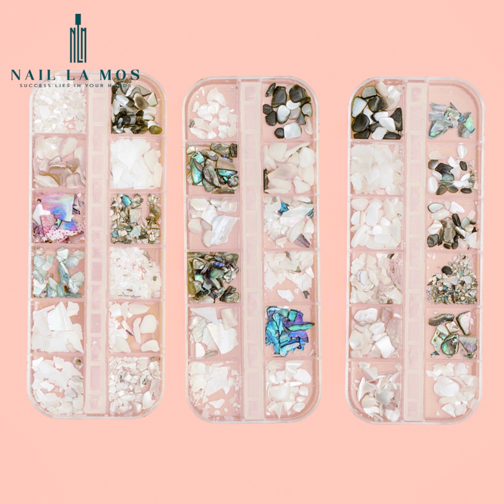 Set 12 loại đá xà cừ sỏi - xà cừ trang trí móng tay đắp gel ẩn theo phong cách Hàn Nhật