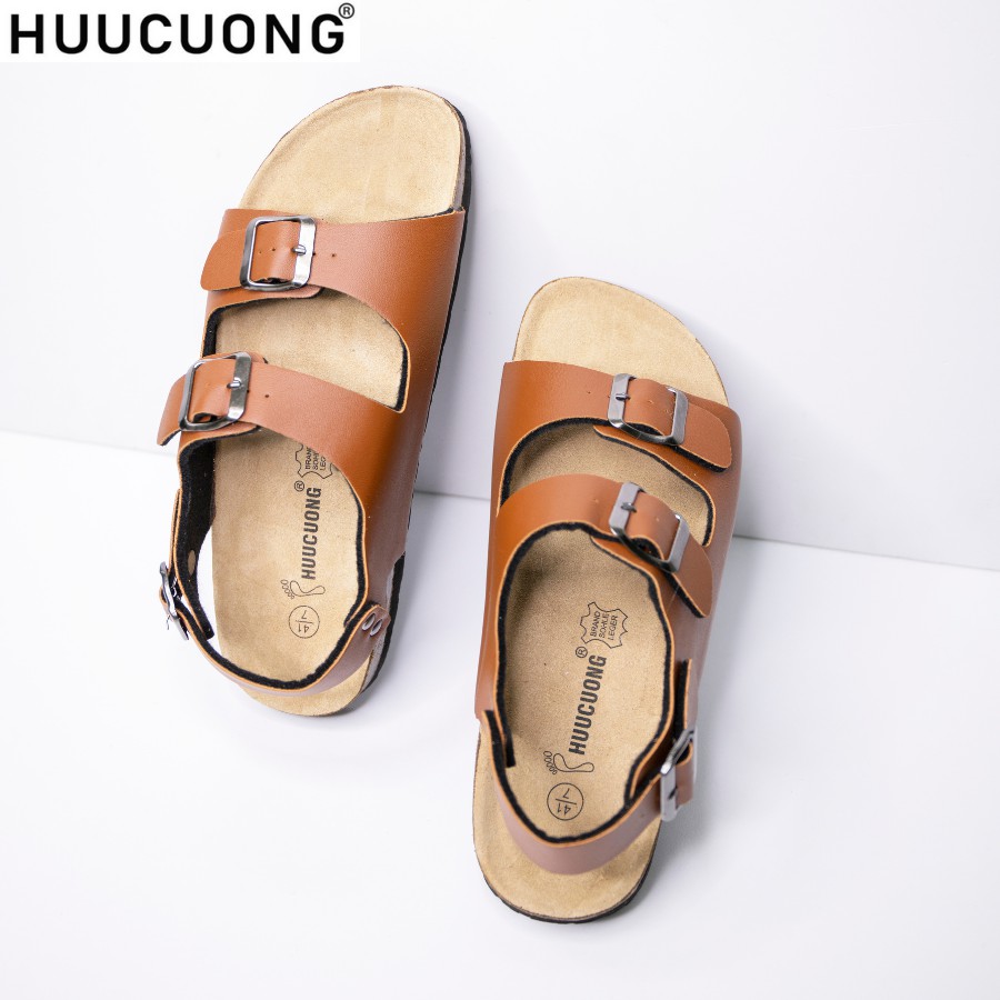 Giày Sandal Unisex thời trang HuuCuong -2 khóa pu nâu đế trấu