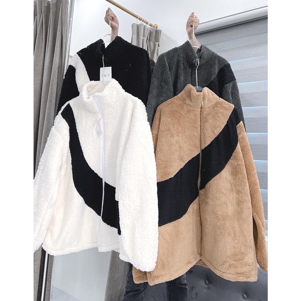 Áo N!!ke Chất Lông Cừu Cổ Bẻ Dáng Rộng Cao Cấp Nam Nữ Unisex 2 Màu Đen Trắng Có Kèm Ảnh Thật