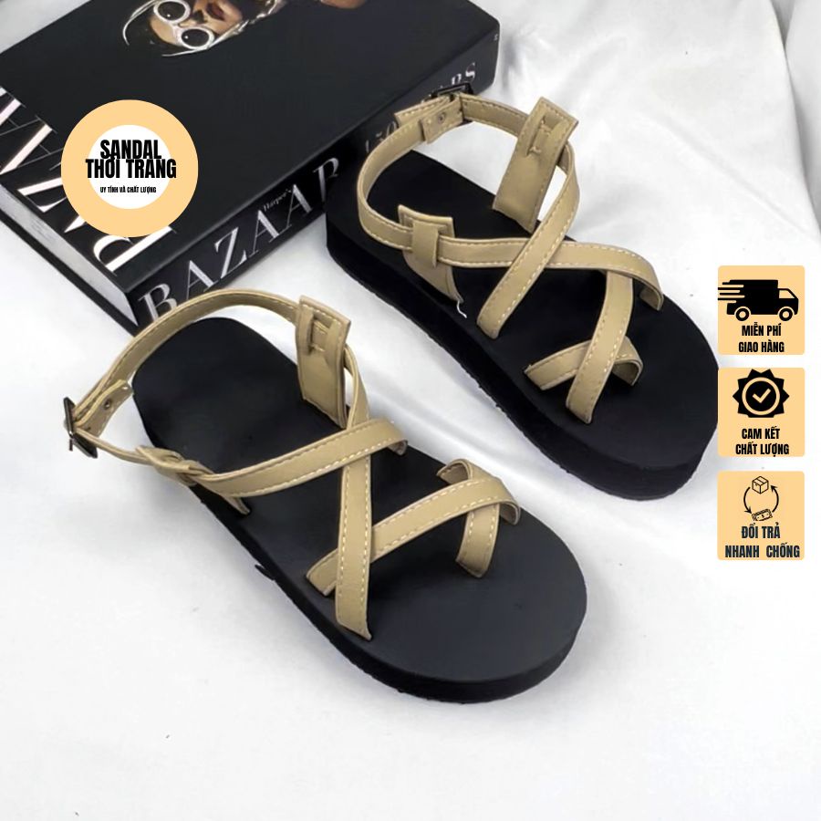 Giày sandal nữ xỏ ngón quai chéo quai mảnh bassic Đế cao 3CM  4 màu, Be/Nâu/Trắng/Đen SANDALTHOITRANG
