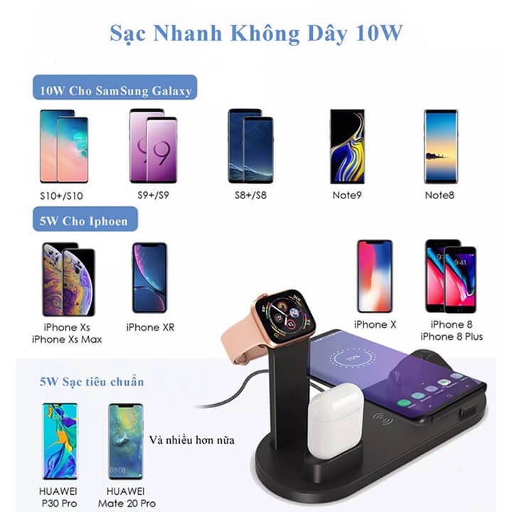 Đế sạc không dây sạc nhanh 4 in 1 cho Apple Watch Iphone Airpods Samsung Oppo Các Dòng Điện Thoại Hỗ Trợ Sạc Không Dây