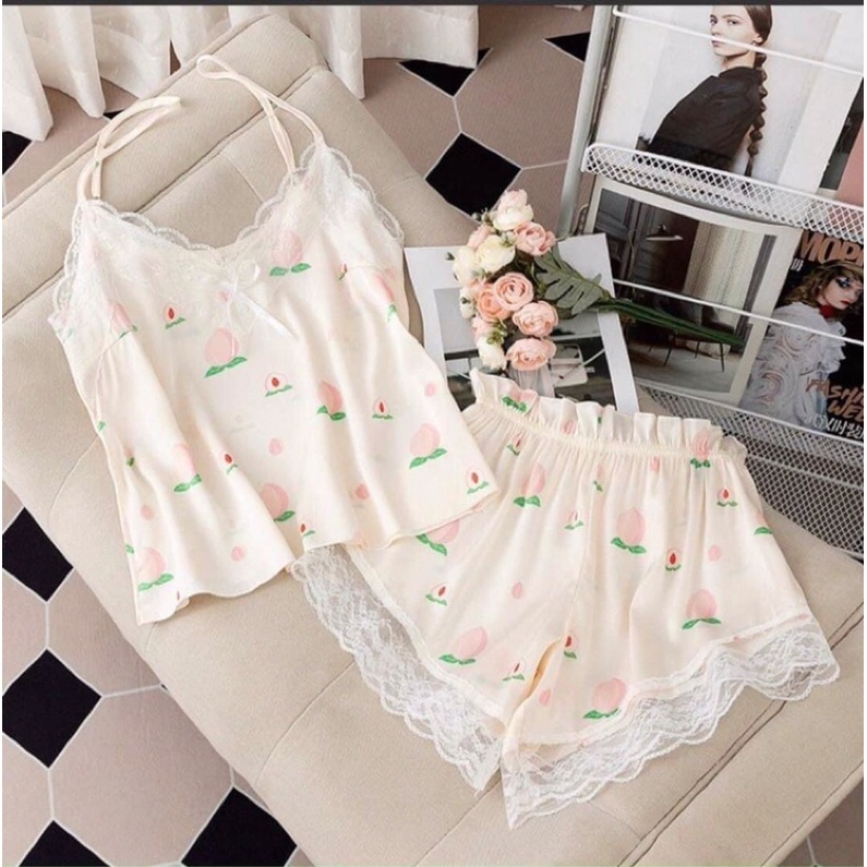 Bộ ngủ lụa hai dây phối ren hoa cao cấp Đầm mặc nhà sang chảnh quến rũ