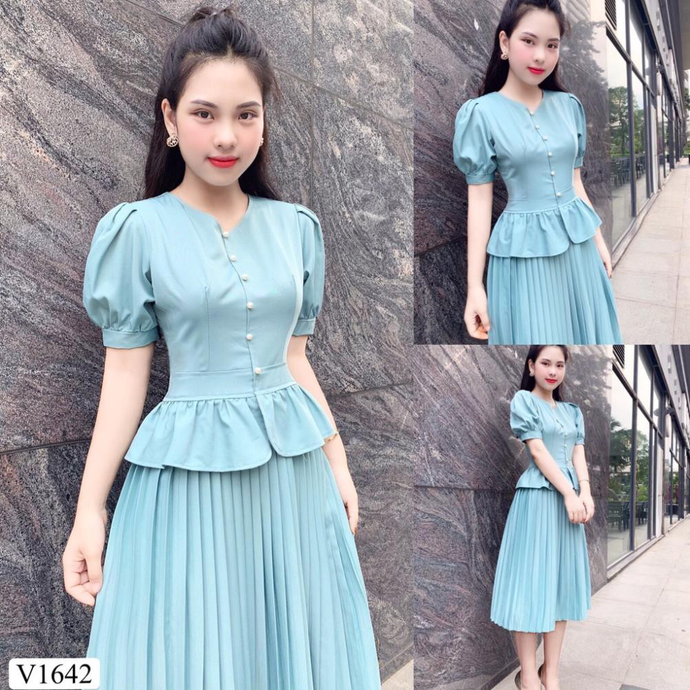 Váy xanh liền áo chân dập li V1642 - Degina Design DVC ( Ảnh mẫu và ảnh trải sàn )