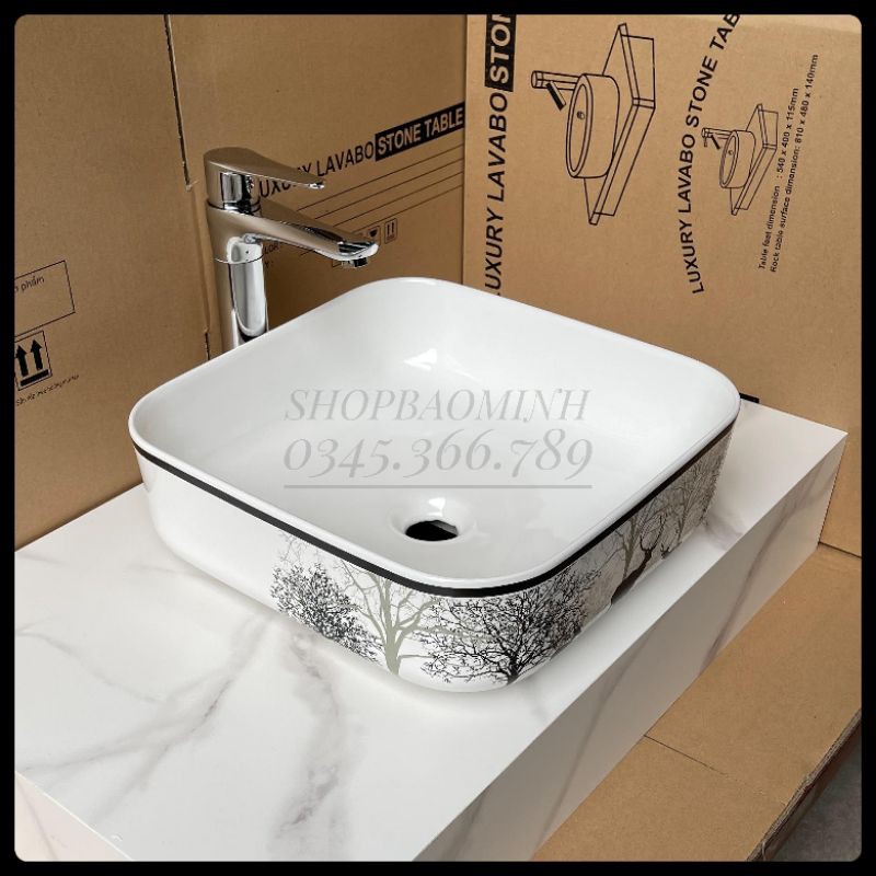 Lavabo vuông đặt bàn hoa văn cao cấp (KT 39x39cm)