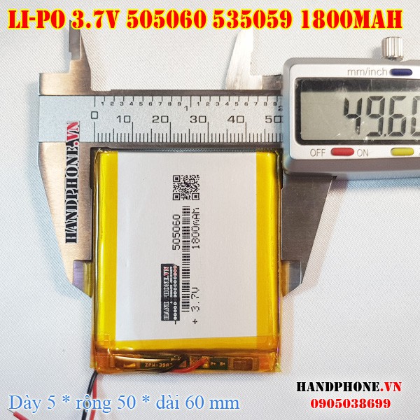 Pin Li-Po 3.7V 1800mAh 505060 535059 (Lithium Polymer) cho điện thoại, loa Bluetooth, định vị GPS, Camera hành trình
