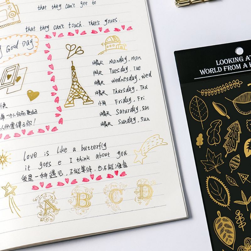 Sticker Miếng dán trang trí nhật ký nhiều họa tiết mạ vàng - miếng dán trang trí sổ tay DIY