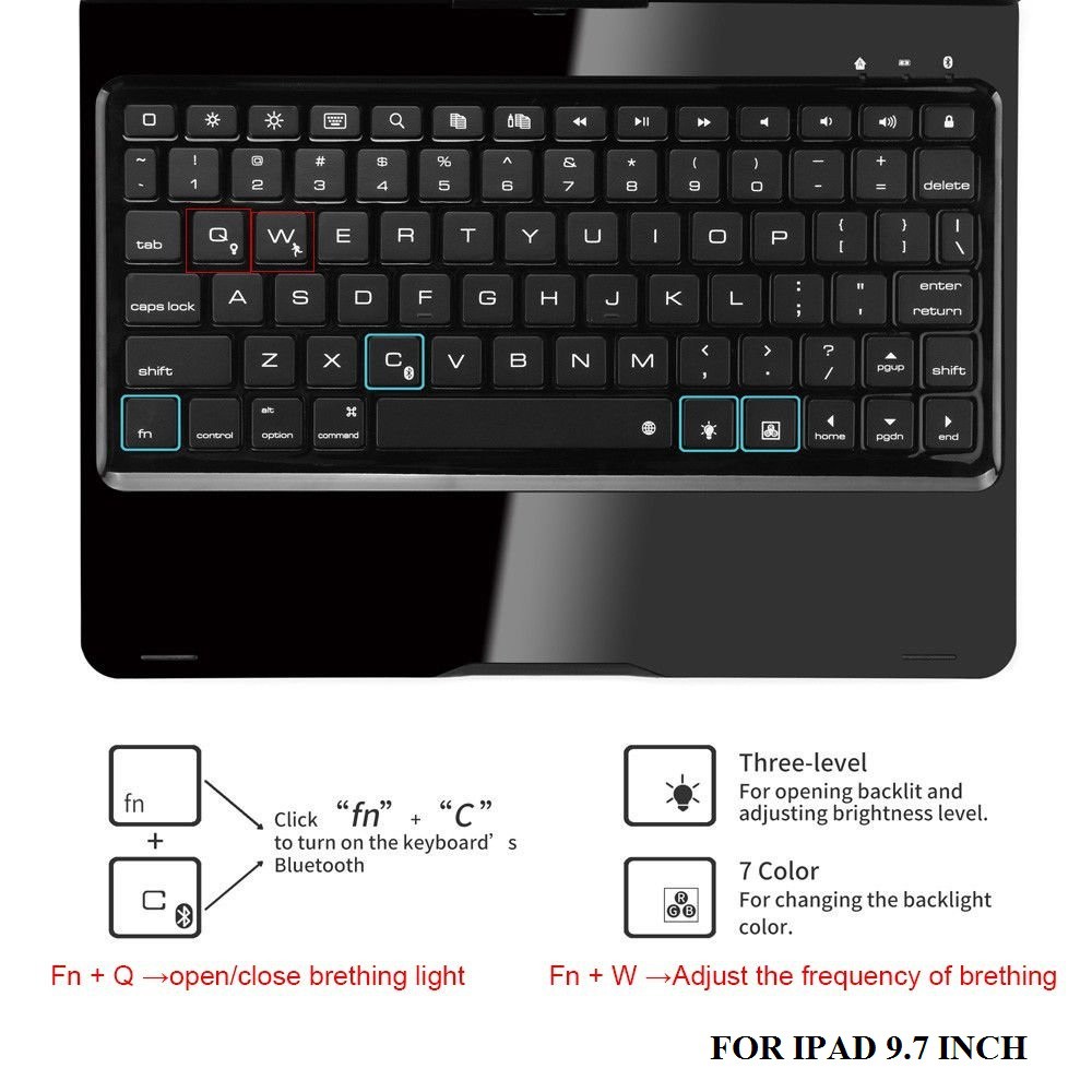 Bàn phím Bluetooth xoay 360 độ cho iPad Air 2, iPad Pro 9.7, New iPad 2017, ipad air - 7 màu đèn cho bàn phím- màu đen | BigBuy360 - bigbuy360.vn