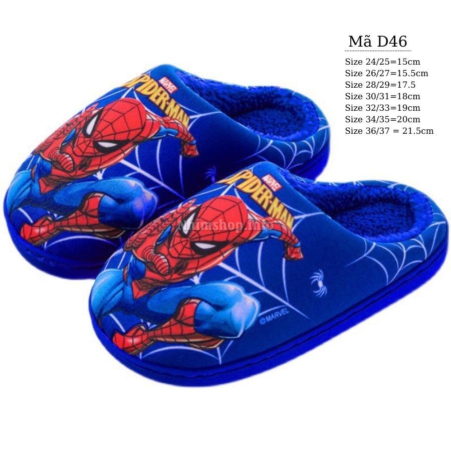 Dép bông cho bé trai đi trong nhà lót lông siêu mềm đế cao su dẻo chống trơn họa tiết siêu nhân spiderman thời trang D46