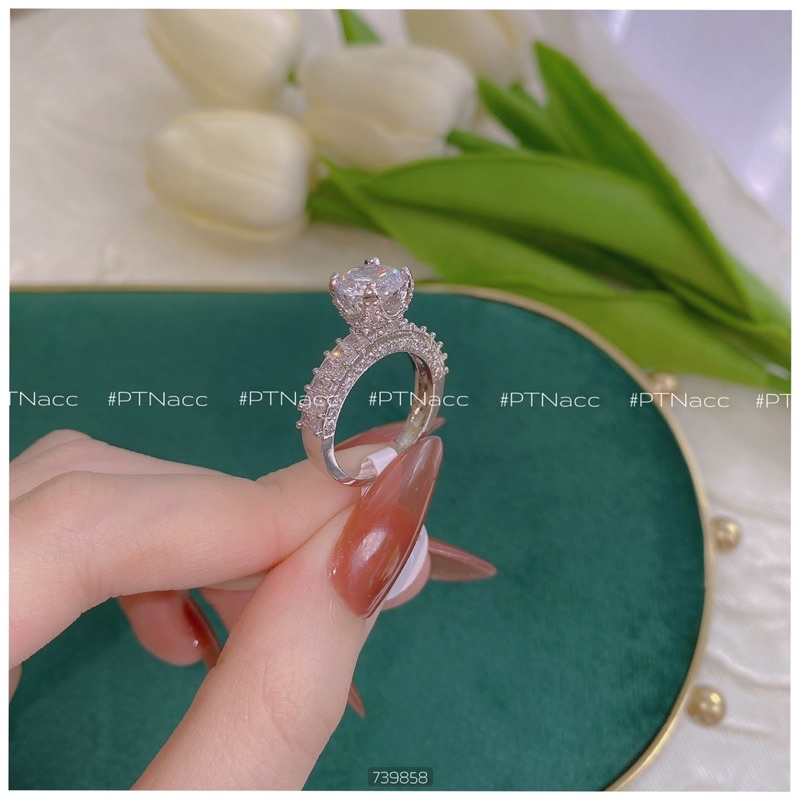 Nhẫn xi bạch kim, nhẫn nữ hột cao nhỏ nhắn đơn giản đính đá sáng đẹp .PTNACC.