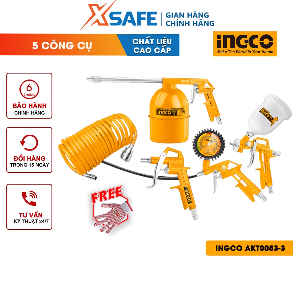 Bộ 5 công cụ dùng khí nén INGCO AKT0053-3 Dụng cụ xịt hơi 5 chi tiết, đầu nối kiểu Nitto, dây hơi xoắn kèm đầu nối 4m