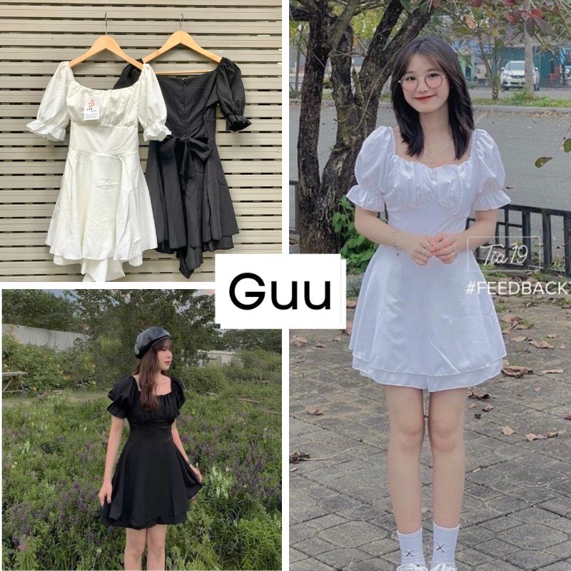 Đầm nữ dáng xòe tay ngắn thiết kế 2 màu đen,trắng phong cách Hàn Quốc GUU