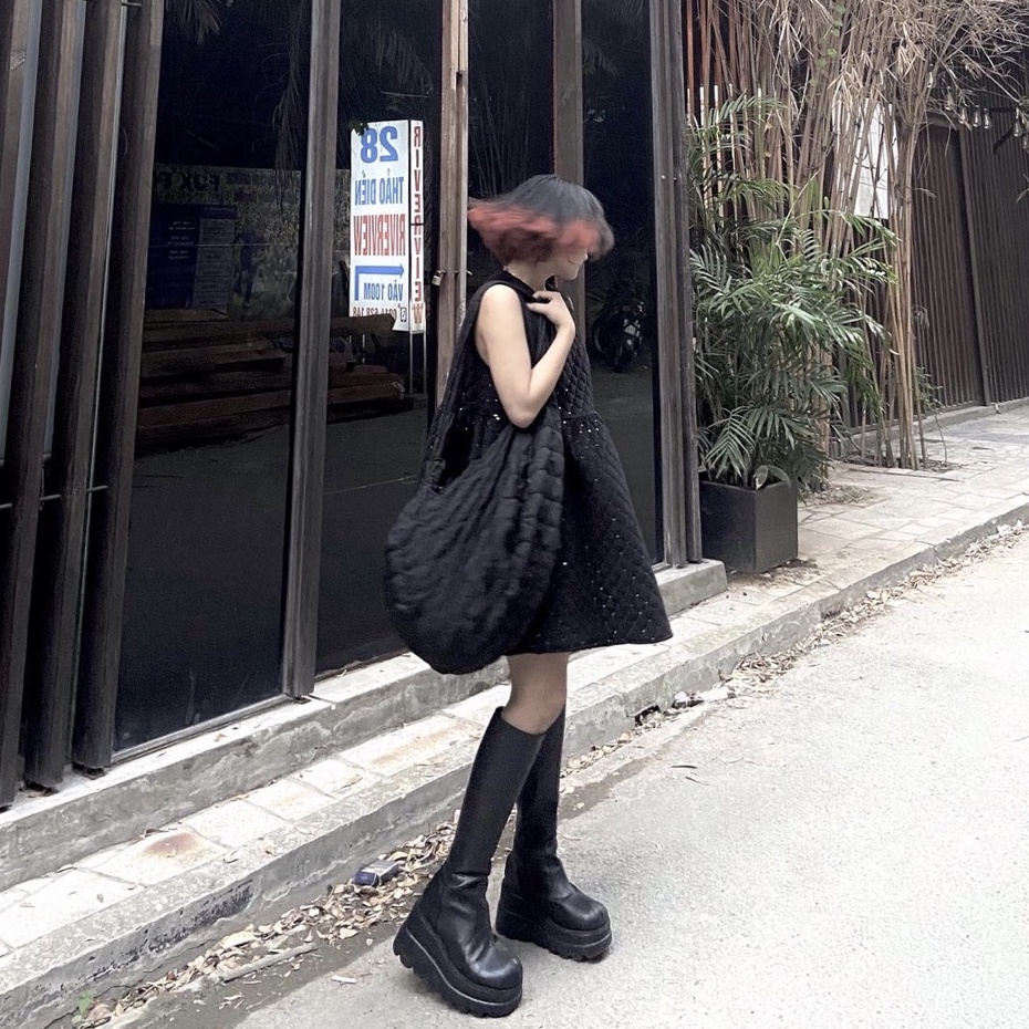 Bốt Da Cao Đến Đùi, BOOTS cổ cao đế bánh mì kéo khóa - Giày BOOT Phong Cách Punk Gothic Bốt Nữ Cao