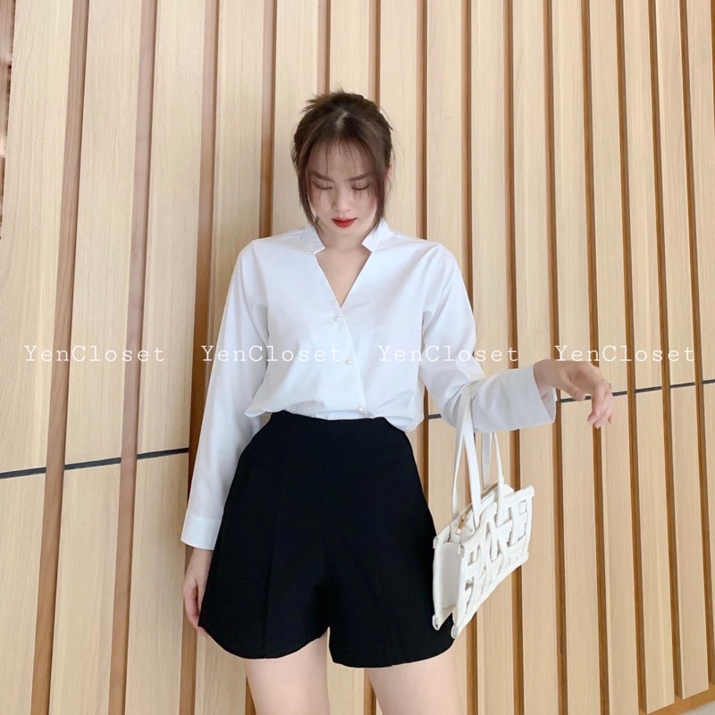 Hình chính chủ của shop - Áo sơ mi cổ trụ tà xéo