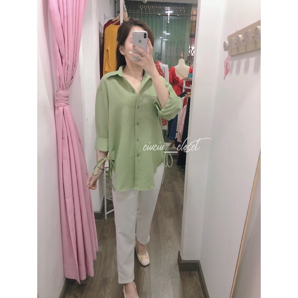 [Mã FAMARAL2 giảm 10k đơn 50k] Set Áo Sơ Mi Xanh Bơ Thắt Nơ Vạt Kèm Quần Baggy Trắng (Sẵn)
