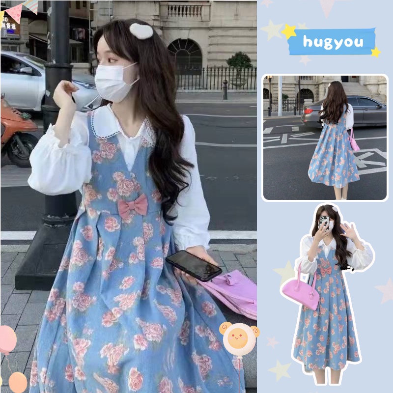 Set đầm hai dây in hoa và áo sơ mi tay phồng đáng yêu (có bán lẻ)