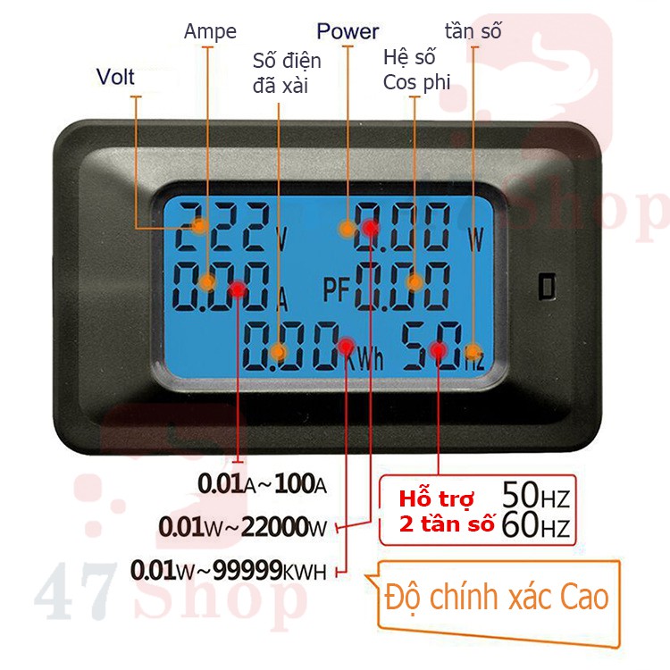  Công tơ - đồng hồ điện tử 6 thông số đo công suất, cường độ (100A)