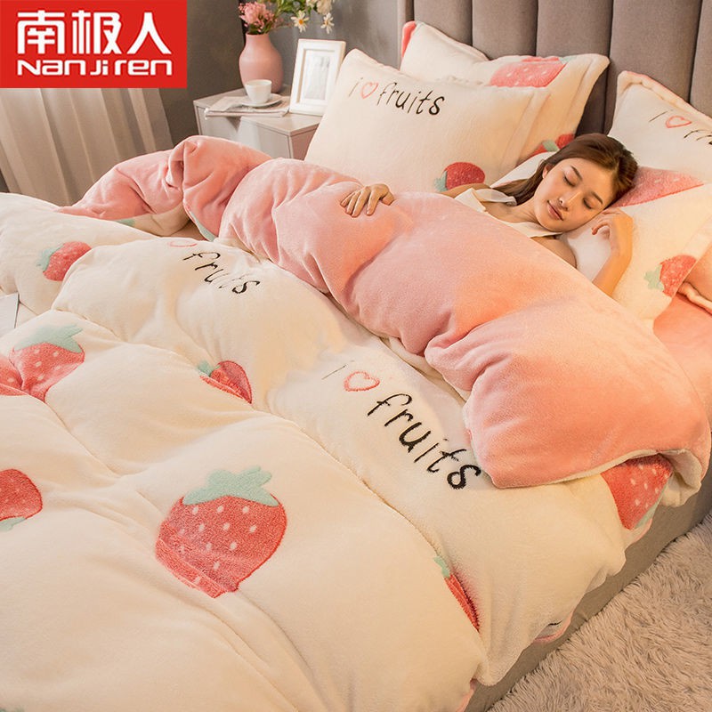 Snowfleece Bốn mảnh Coral Fleece Mùa đông Ấm áp hai mặt Tấm lông cừu Bộ chăn ga gối Ba mảnh Bộ khăn trải giường Flannel