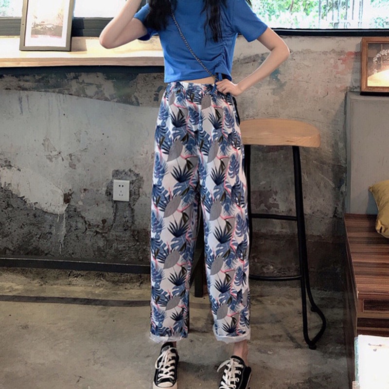 Quần ống rộng lưng cao in hình lá phong cách Hàn Quốc