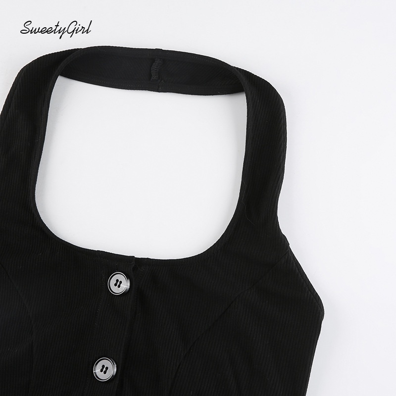 Áo Hai Dây Vải Cotton Ôm Dáng Hở Lưng Phối Hàng Nút Màu Trơn Thời Trang Cho Bạn Gái