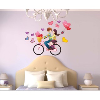 Decal dán tường Combo hoa trái tim + cặp đôi xe đạp