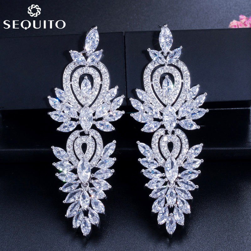 Sequito Bông Tai Dáng Dài Đính Đá Zircon Lấp Lánh Thời Trang Sang Trọng Cho Cô Dâu e174