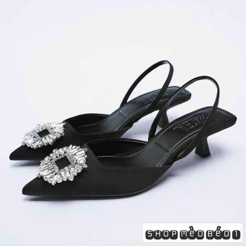Sandal zara hoa đá mũi nhọn gót nhú fullbox