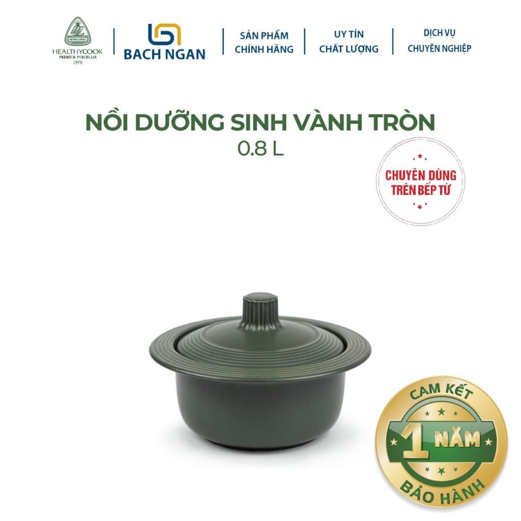 Nồi Sứ Dưỡng Sinh Minh Long Vành Tròn 0.8L dùng cho Bếp Từ, Hồng Ngoại có nắp đậy thích hợp kho cá, hầm cháo