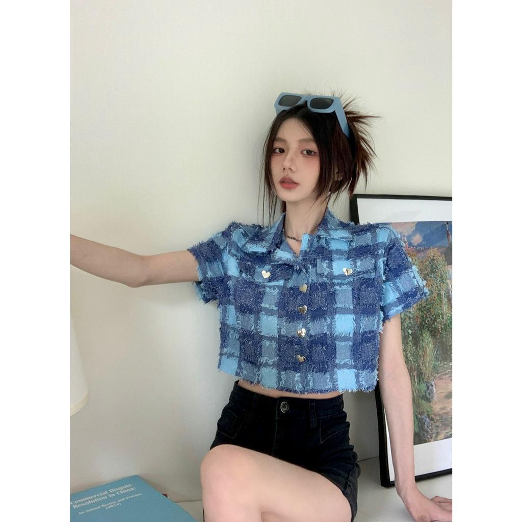 「 WELOVE1 」Áo Sơ Mi Ngắn Tay Cài Nút Hình Trái Tim Phối Màu Tương Phản Xanh Dương Cho Nữ
