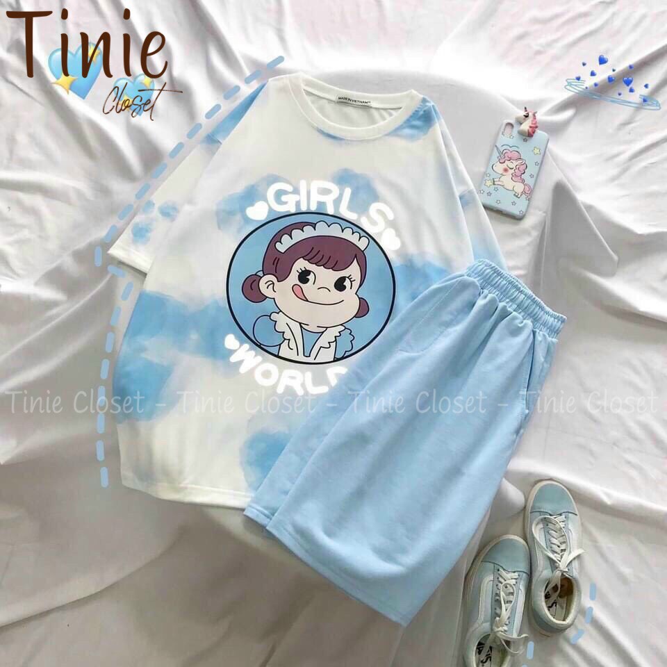 Set đồ bộ hoạt hình nam nữ form rộng Unisex LOANG GIRL BABY Tinie Closet, set bộ Áo thun+quần đùi