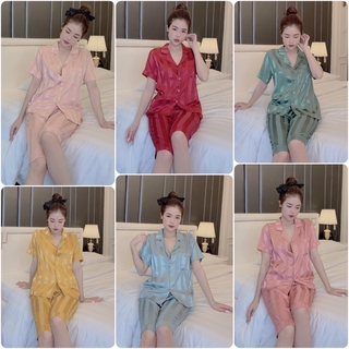 FREESHIP🌸Đồ Ngủ💖Đồ Bộ Pijama Lụa Gấm Áo Cộc-Quần Lửng 🌸Chất Liệu Gấm Tơ Mát Lạnh