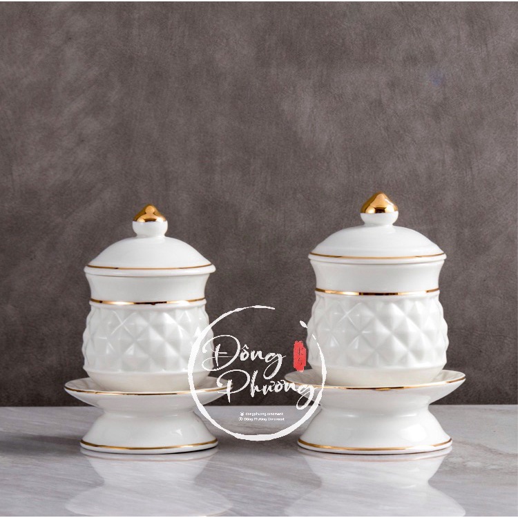 Bộ Đồ Thờ Cúng - Set Đồ Thờ Cúng Gốm Sứ Hoa Hình Kim Cương - Trái Thơm cao cấp