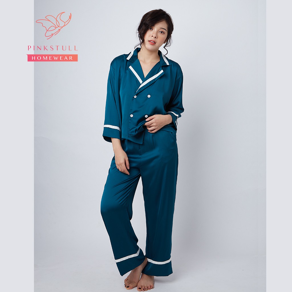 Bộ đồ ngủ Pijama Pinkstull tay dài quần dài xanh cổ vịt