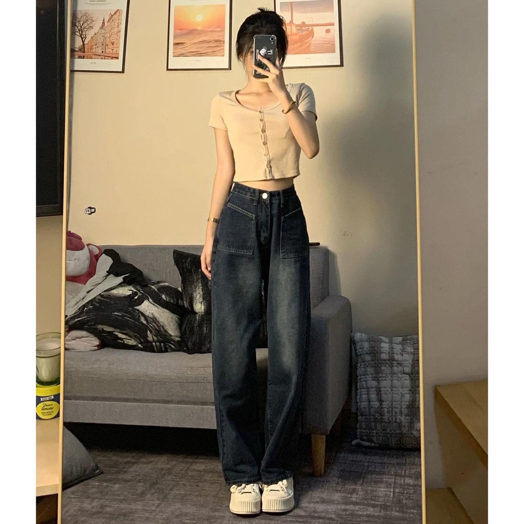 Quần Jeans Lưng Cao Ống Rộng Phong Cách Đường Phố Mùa Hè Cho Nữ