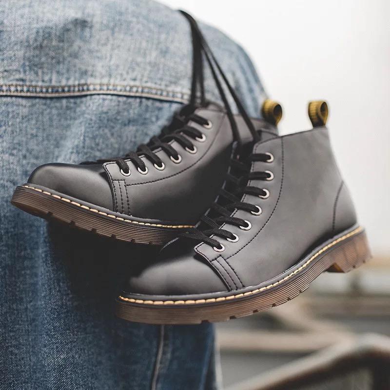 Giày boot Maden phong cách mùa thu màu đen kiểu Tây Âu cổ điển giản đơn đế cao chất lượng cao cho nam