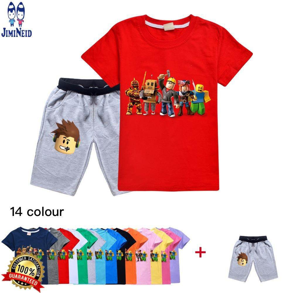 【JD】Spot  hot new big Boys Girl Clothes Sets Summer Roblox Short-sleeved cotton T-shirt + shorts 2-piece set