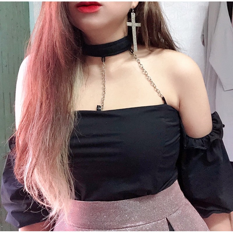 Áo choker trễ vai phối xích ( size to)