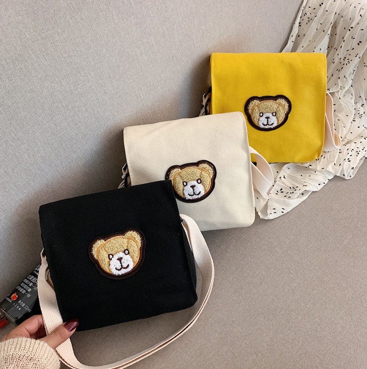 [OUYOU]Đeo Chéo Thời Trang  Túi Vải Túi Xách Dành Cho Nữ Hình Gấu Đáng Yêu Phong Cách Retro Cho Nữ