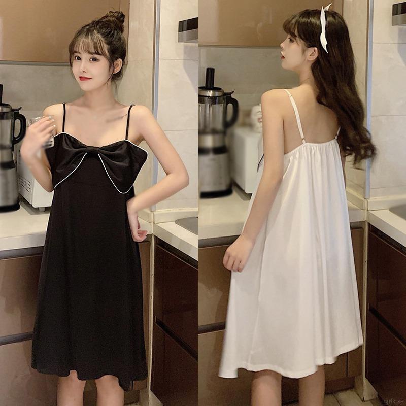 Đầm ngủ hai dây mỏng đính nơ thoải mái thời trang mùa hè Hàn Quốc